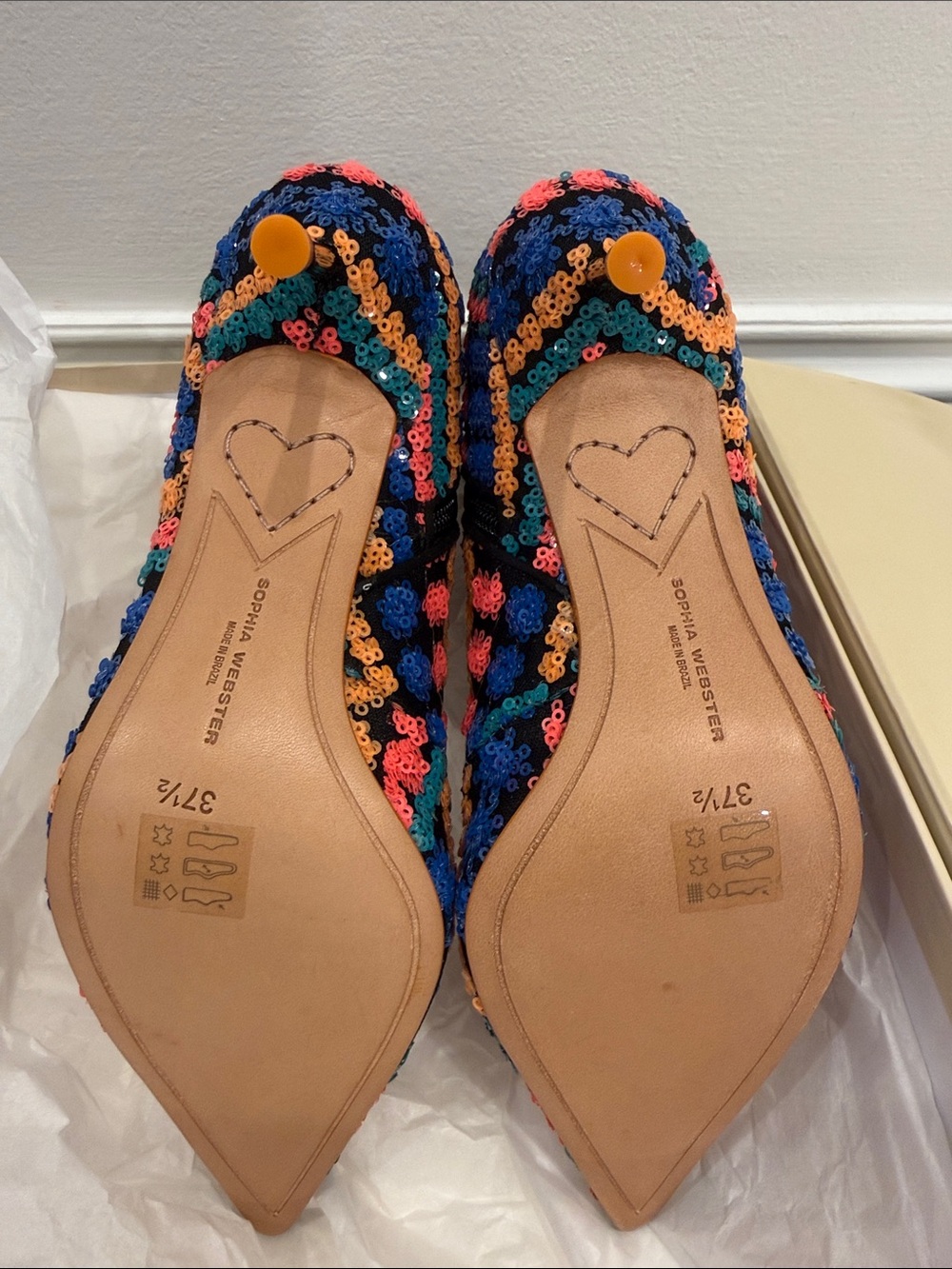 Sophia Webster Rainbow Sequin Booties 37.5 Art Deco Statement Heels NWT - Picture 7 of 10